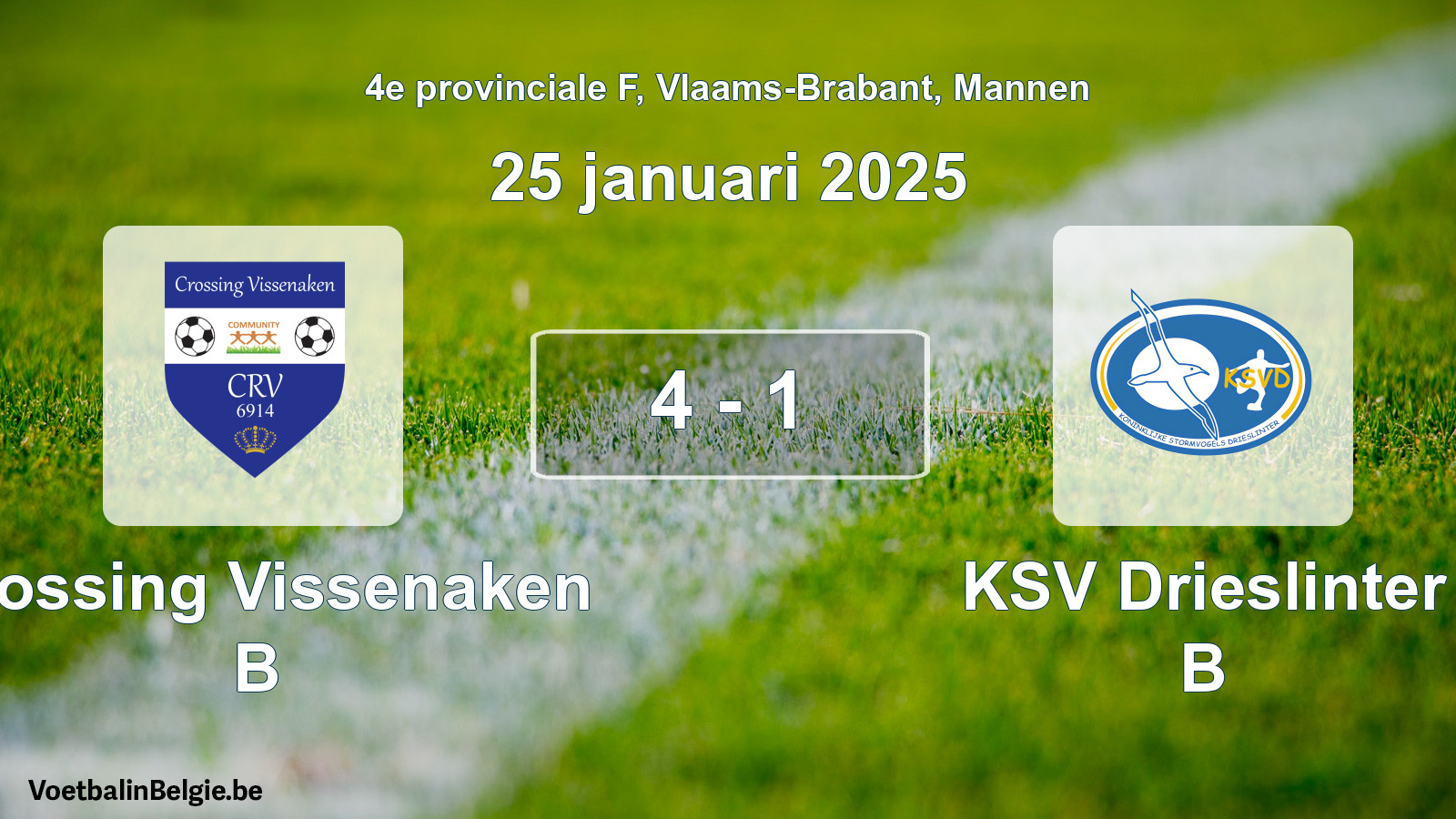Gespeelde wedstrijd mannenvoetbal: Crossing Vissenaken B - KSV Drieslinter B 4 - 1 (25 januari 2025)