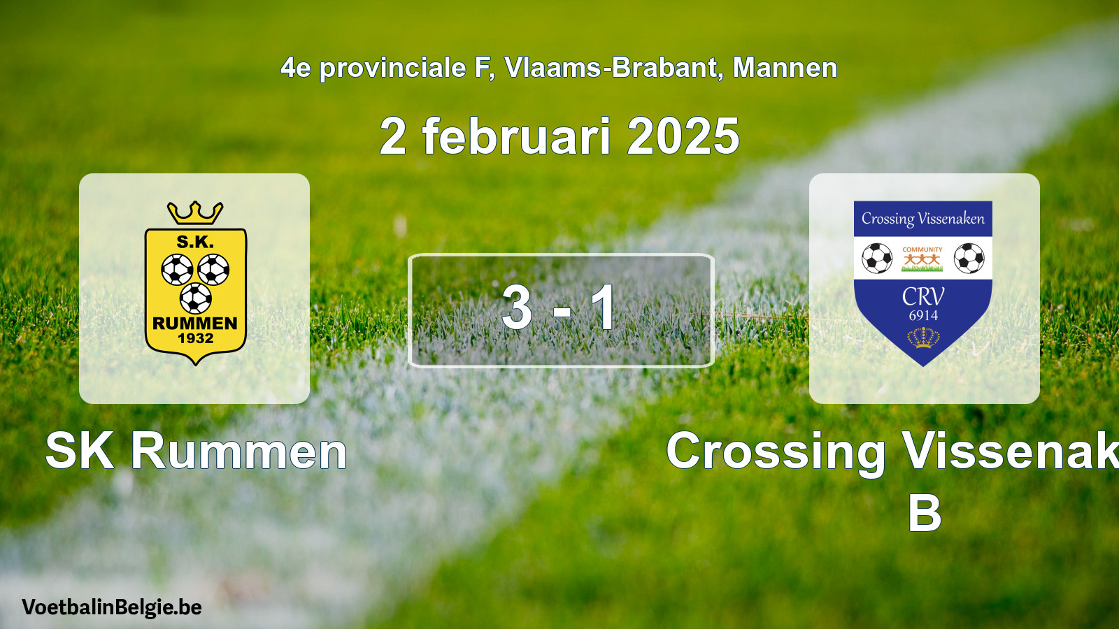 Gespeelde wedstrijd mannenvoetbal: SK Rummen - Crossing Vissenaken B 3 - 1 (2 februari 2025)