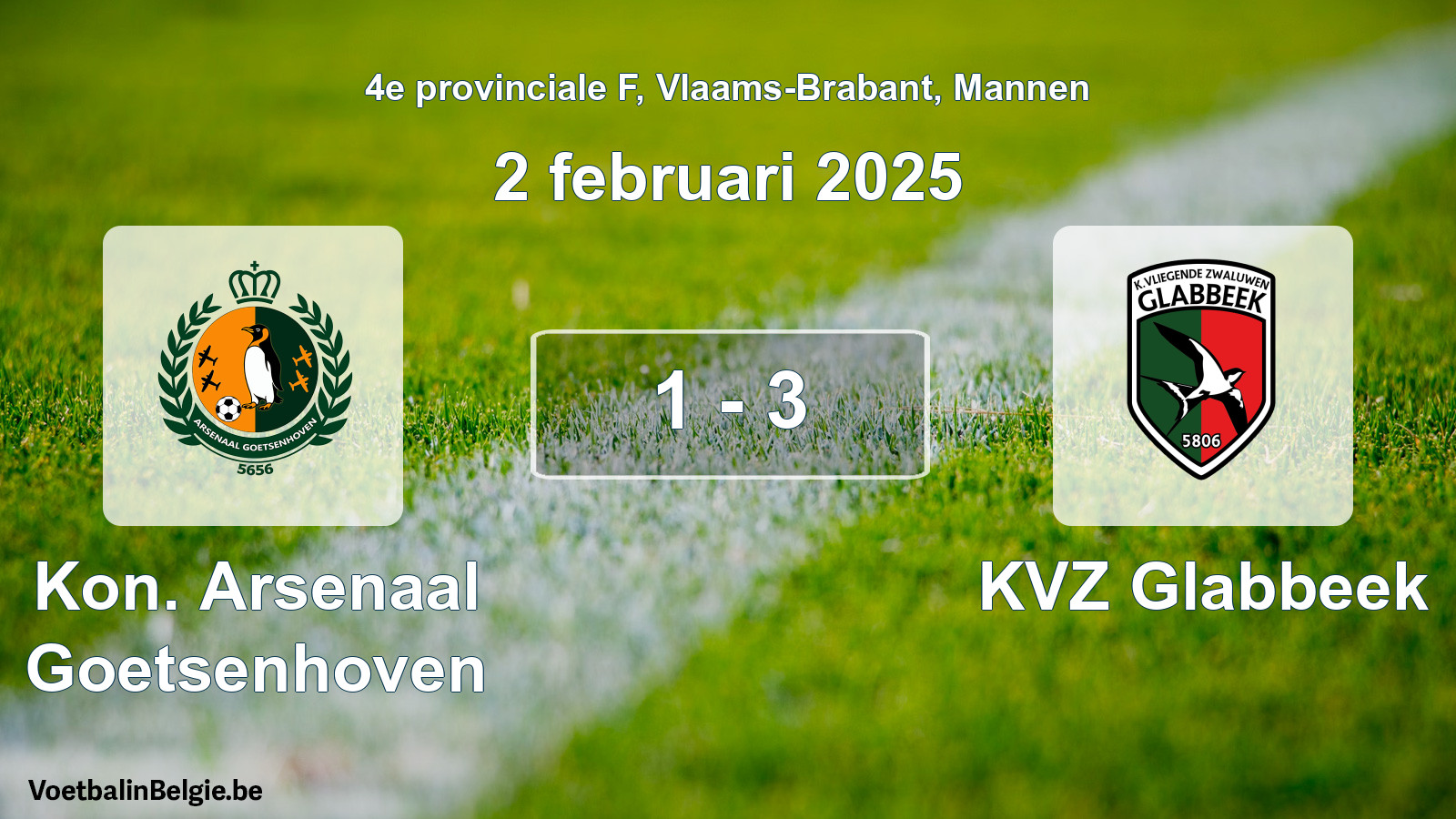 Played match men football: Kon. Arsenaal Goetsenhoven - KVZ Glabbeek 1 - 3 (2 February 2025)