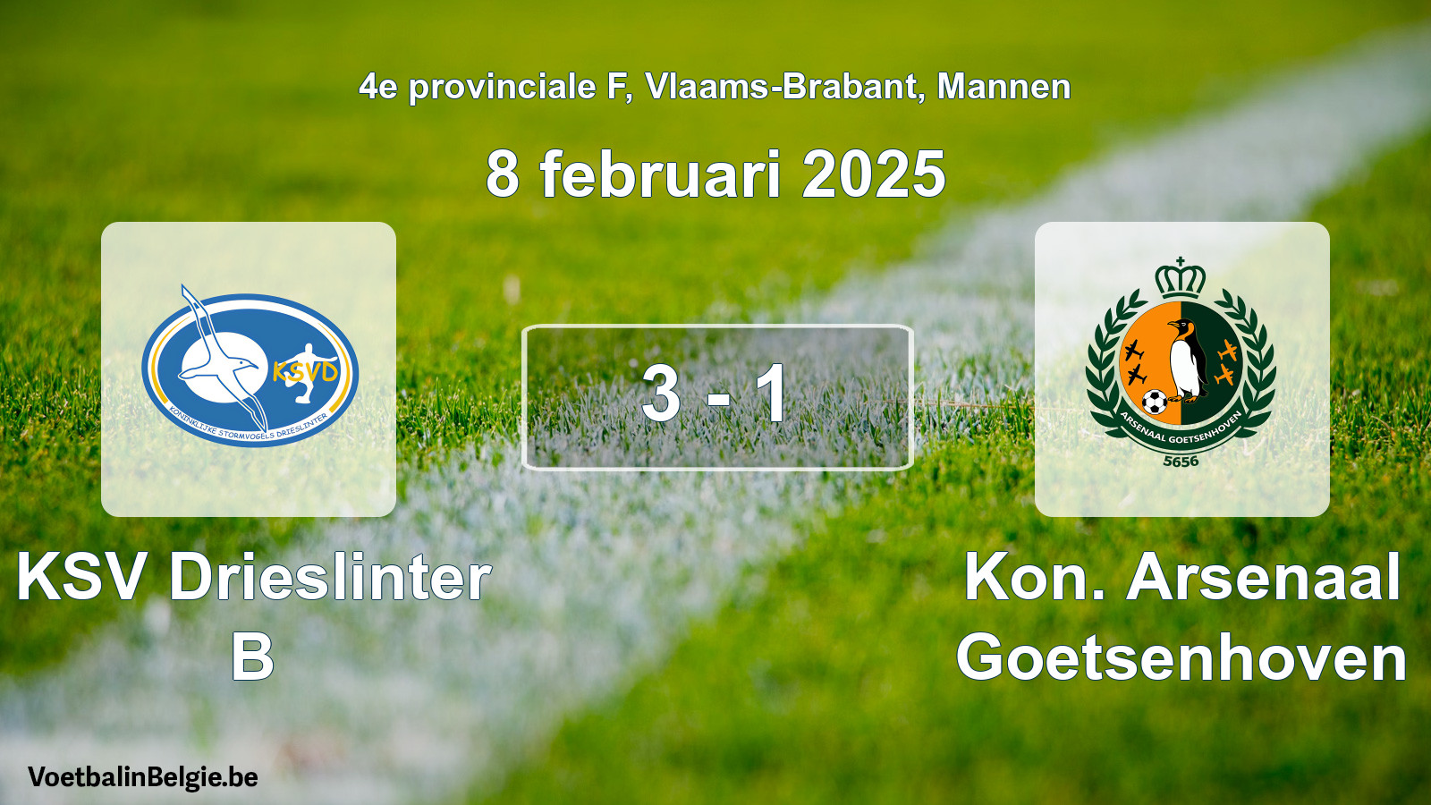 Gespeelde wedstrijd mannenvoetbal: KSV Drieslinter B - Kon. Arsenaal Goetsenhoven 3 - 1 (8 februari 2025)