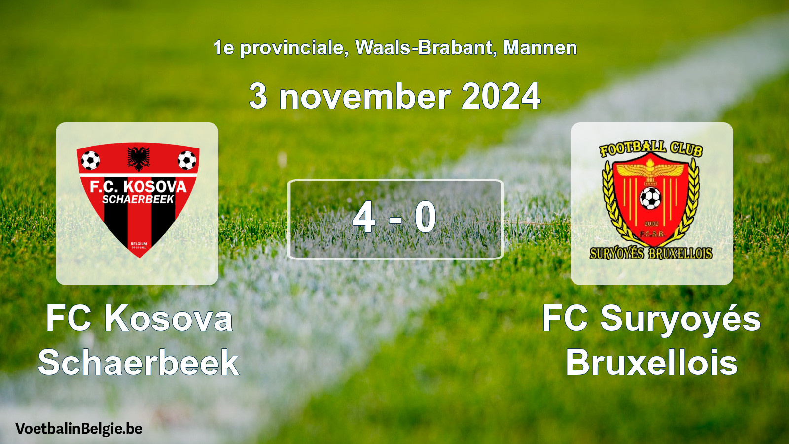Gespeelde wedstrijd mannenvoetbal: FC Kosova Schaerbeek - FC Suryoyés Bruxellois 4 - 0 (3 november 2024)