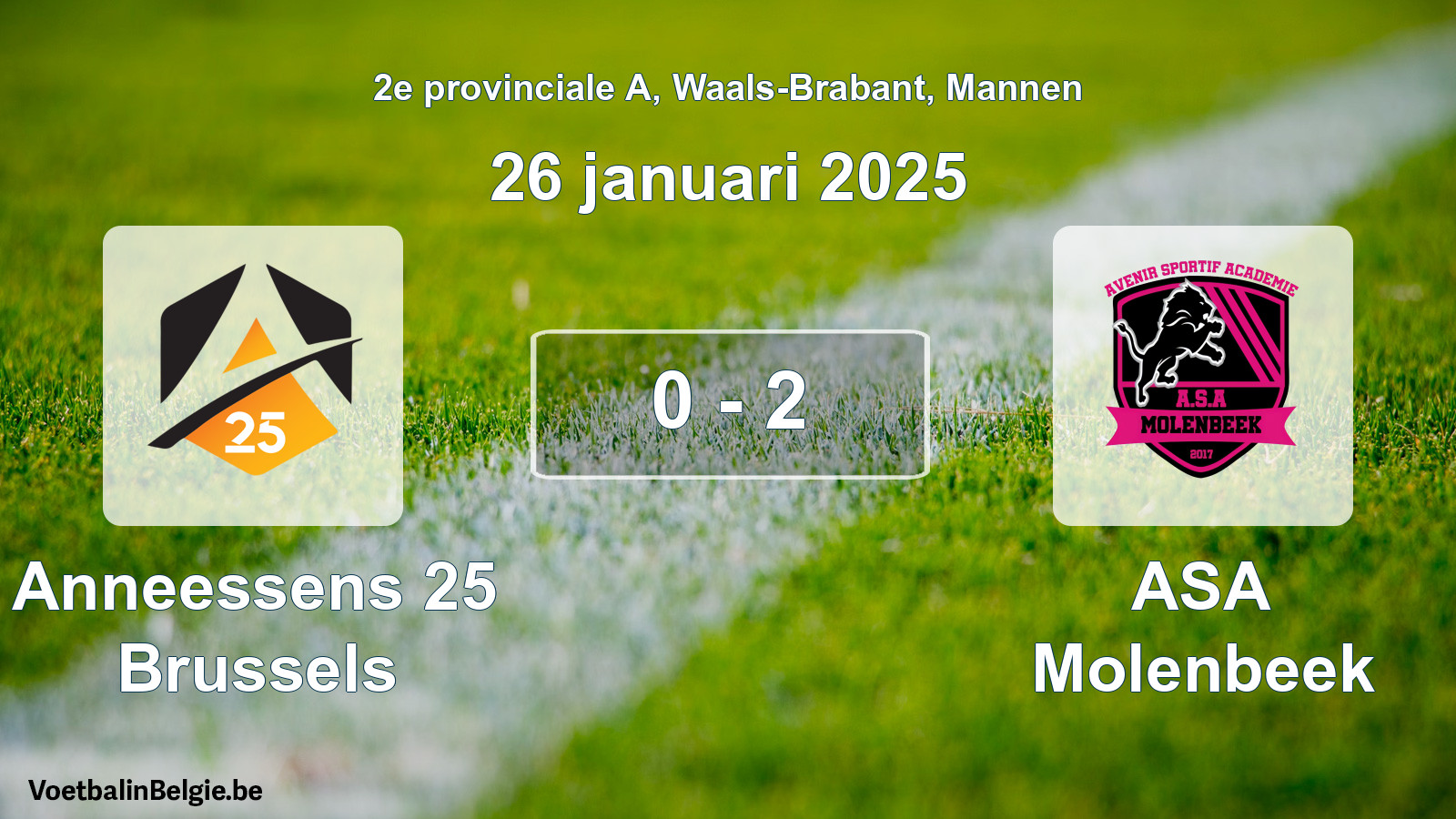 Gespeelde wedstrijd mannenvoetbal: Anneessens 25 Brussels - ASA Molenbeek 0 - 2 (26 januari 2025)