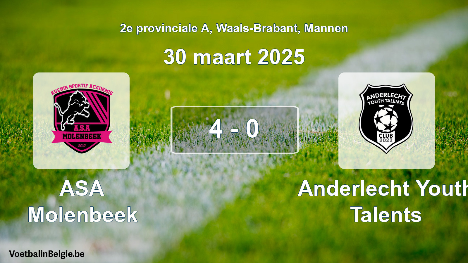 Gespeelde wedstrijd mannenvoetbal: ASA Molenbeek - Anderlecht Youth Talents 4 - 0 (30 maart 2025)