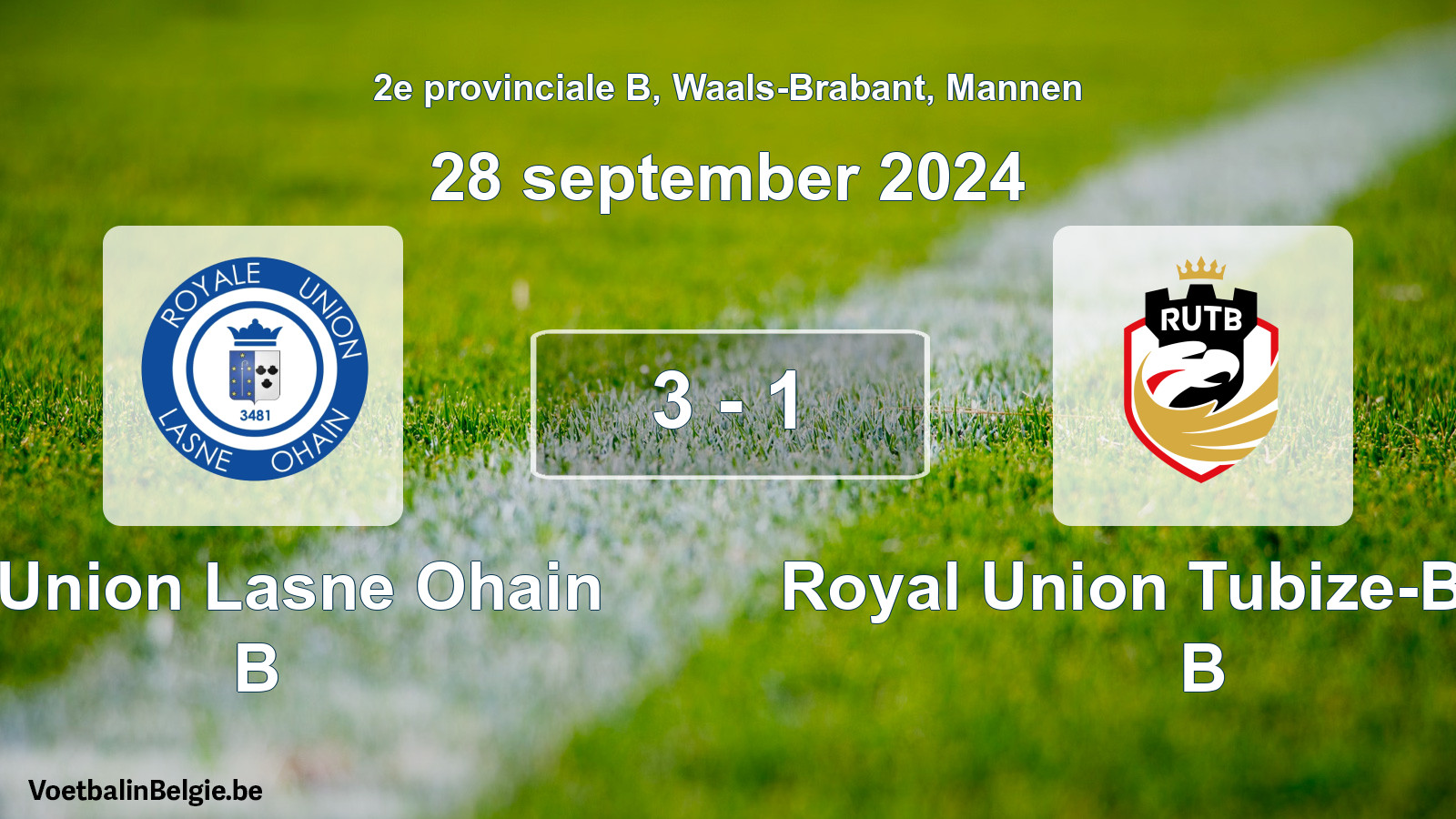 Gespeelde wedstrijd mannenvoetbal: R. Union Lasne Ohain B - Royal Union Tubize-Braine B 3 - 1 (28 september 2024)