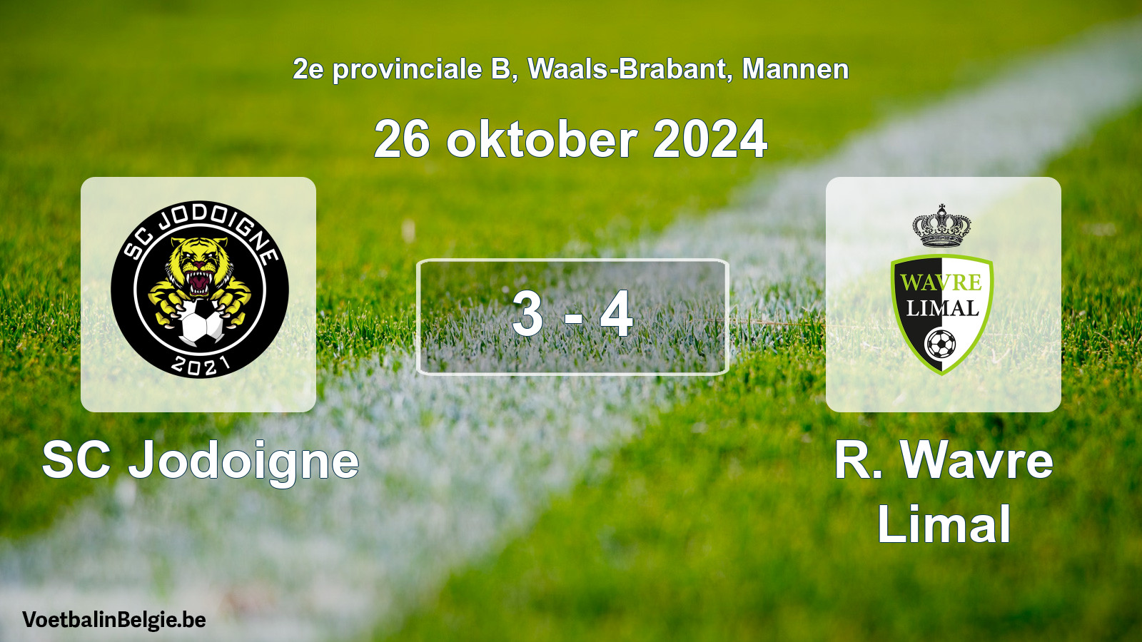 Gespeelde wedstrijd mannenvoetbal: SC Jodoigne - R. Wavre Limal 3 - 4 (26 oktober 2024)