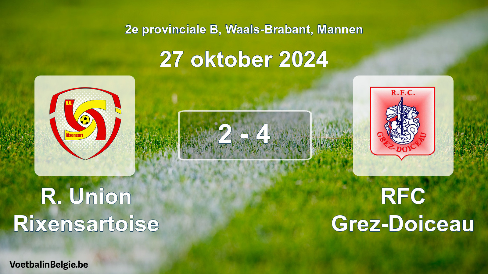 Gespeelde wedstrijd mannenvoetbal: R. Union Rixensartoise - RFC Grez-Doiceau 2 - 4 (27 oktober 2024)