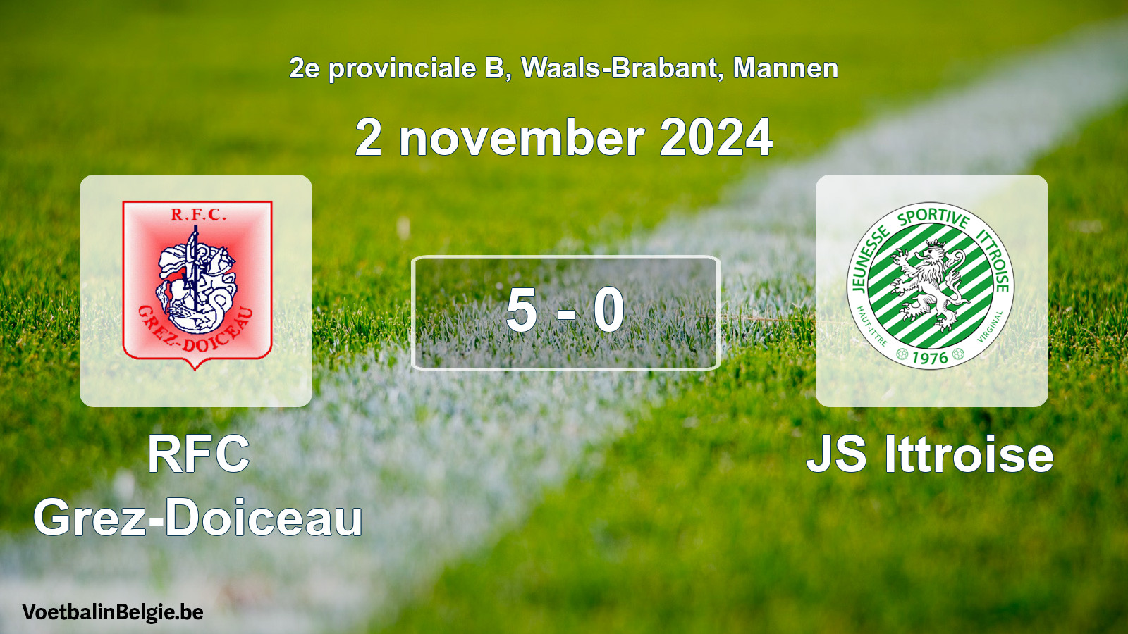 Gespeelde wedstrijd mannenvoetbal: RFC Grez-Doiceau - JS Ittroise 5 - 0 (2 november 2024)