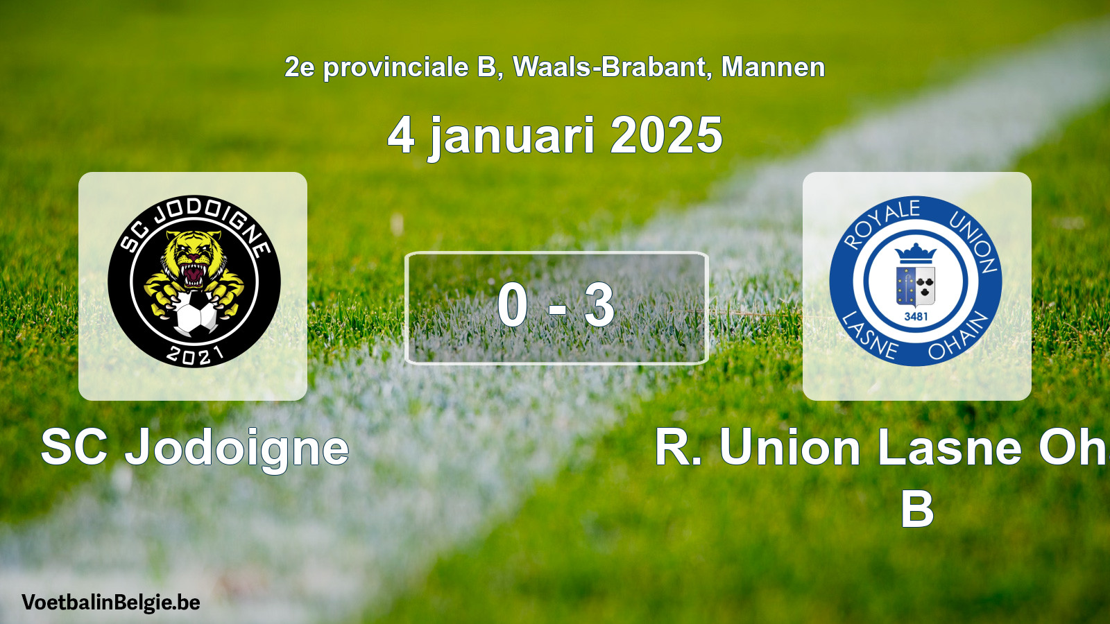 Gespeelde wedstrijd mannenvoetbal: SC Jodoigne - R. Union Lasne Ohain B 0 - 3 (4 januari 2025)