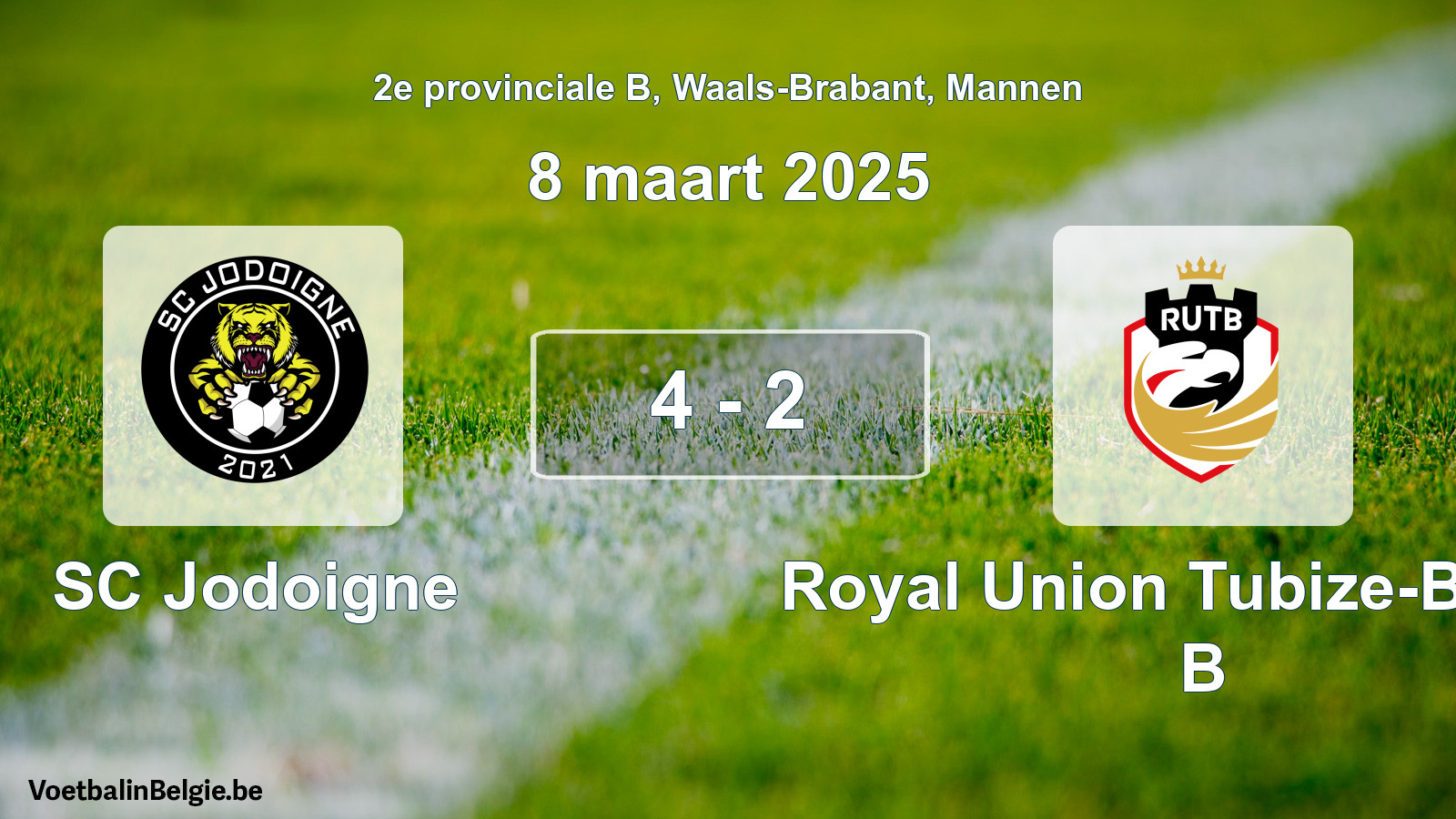 Gespeelde wedstrijd mannenvoetbal: SC Jodoigne - Royal Union Tubize-Braine B 4 - 2 (8 maart 2025)