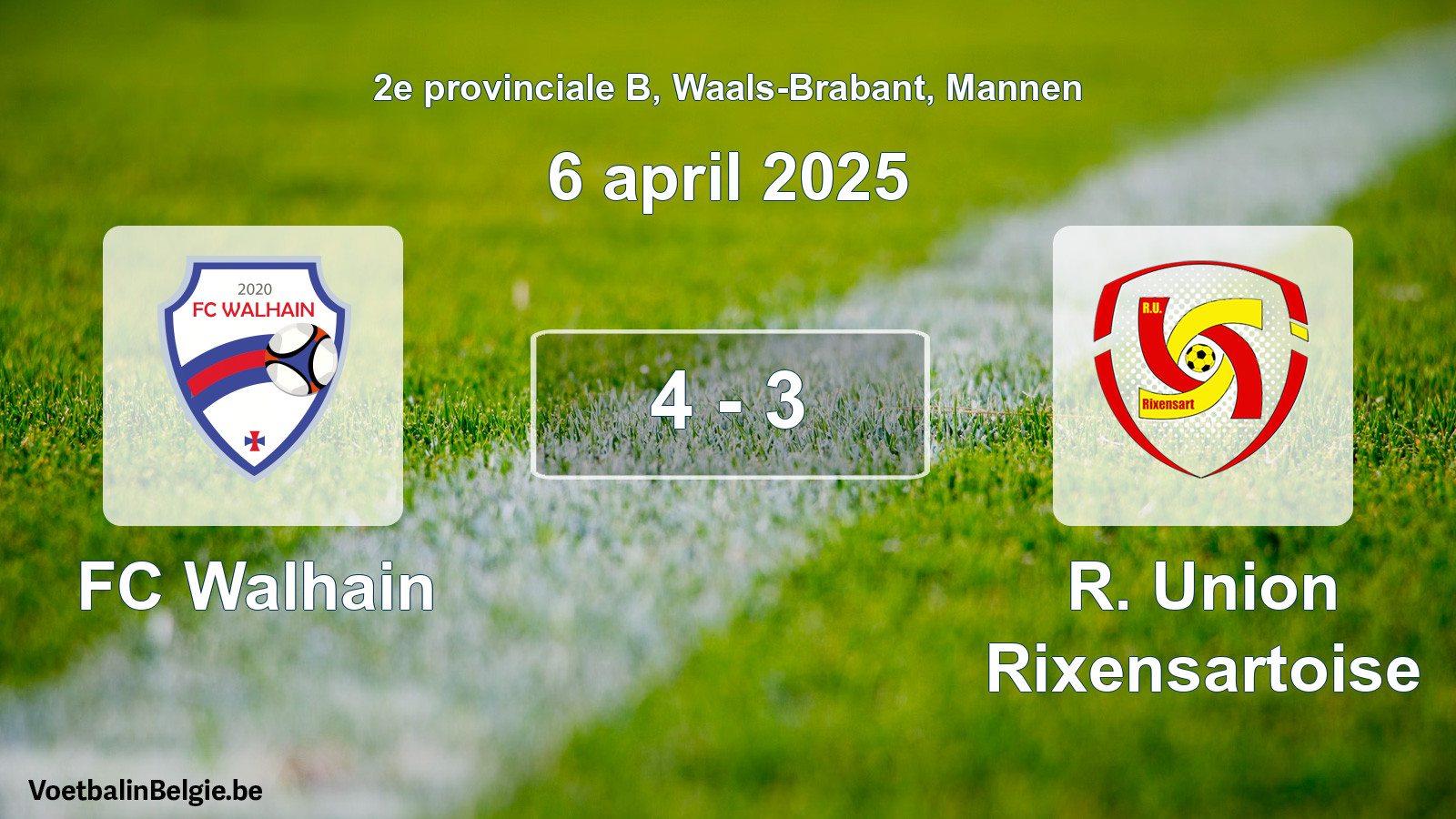 Gespeelde wedstrijd mannenvoetbal: FC Walhain - R. Union Rixensartoise 4 - 3 (6 april 2025)