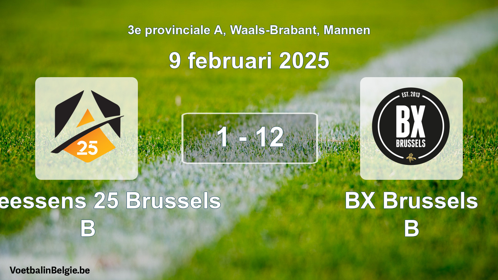 Gespeelde wedstrijd mannenvoetbal: Anneessens 25 Brussels B - BX Brussels B 1 - 12 (9 februari 2025)