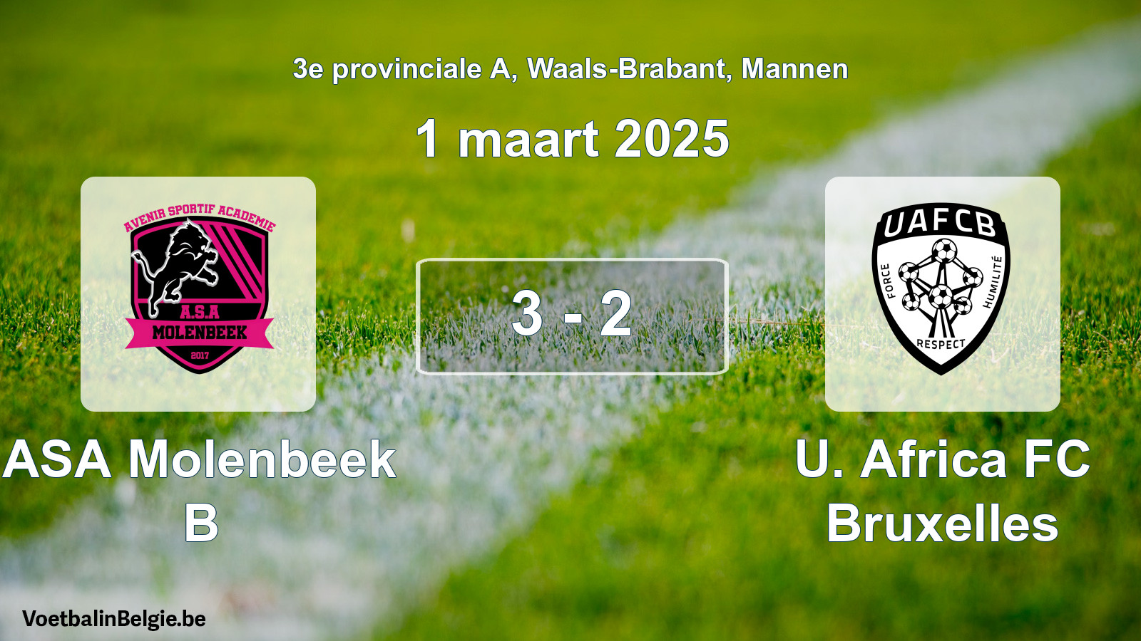 Gespeelde wedstrijd mannenvoetbal: ASA Molenbeek B - U. Africa FC Bruxelles 3 - 2 (1 maart 2025)