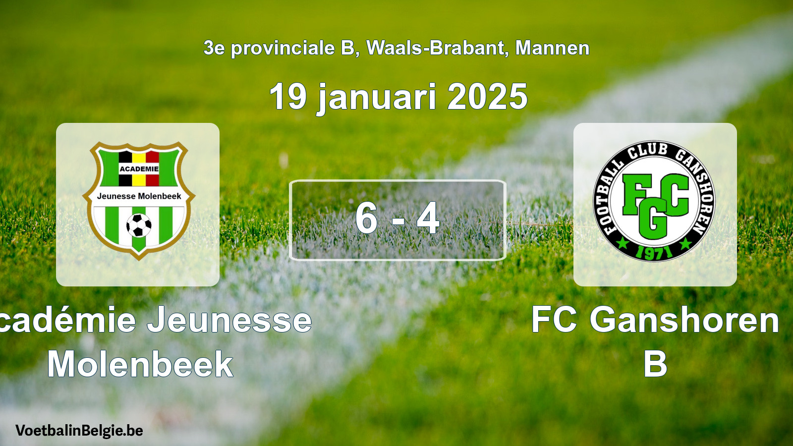 Gespeelde wedstrijd mannenvoetbal: Académie Jeunesse Molenbeek - FC Ganshoren B 6 - 4 (19 januari 2025)
