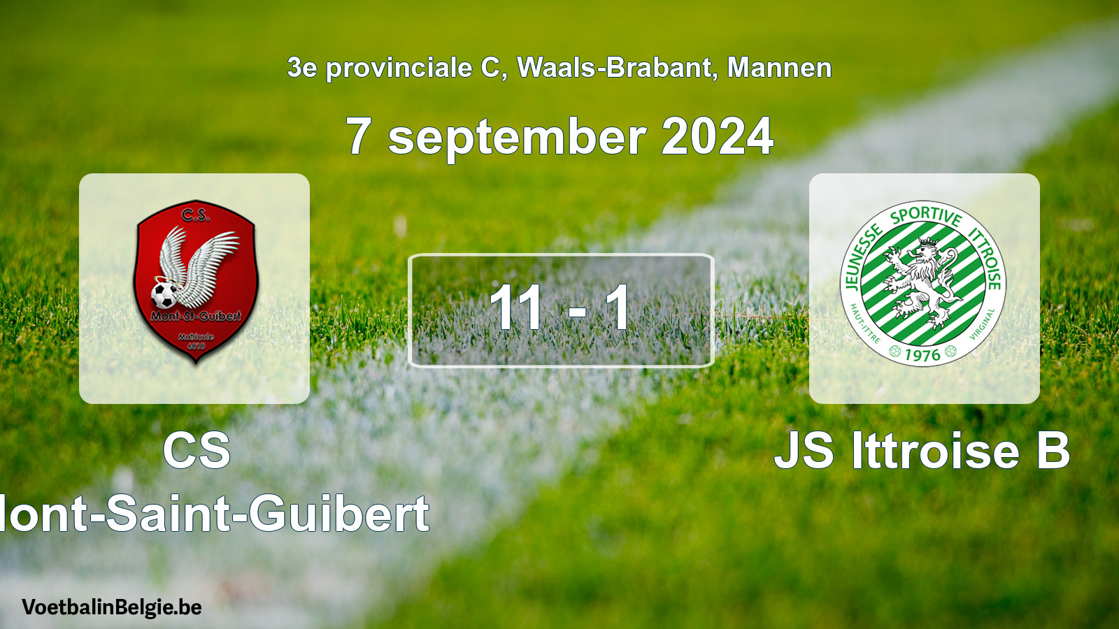 Gespeelde wedstrijd mannenvoetbal: CS Mont-Saint-Guibert - JS Ittroise B 11 - 1 (7 september 2024)