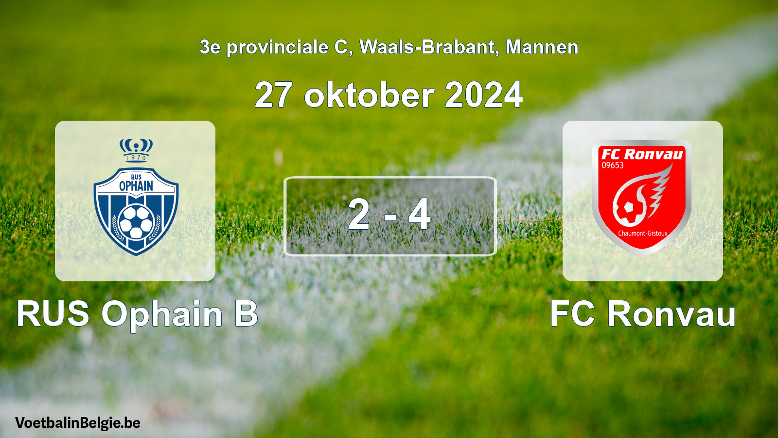 Gespeelde wedstrijd mannenvoetbal: RUS Ophain B - FC Ronvau 2 - 4 (27 oktober 2024)