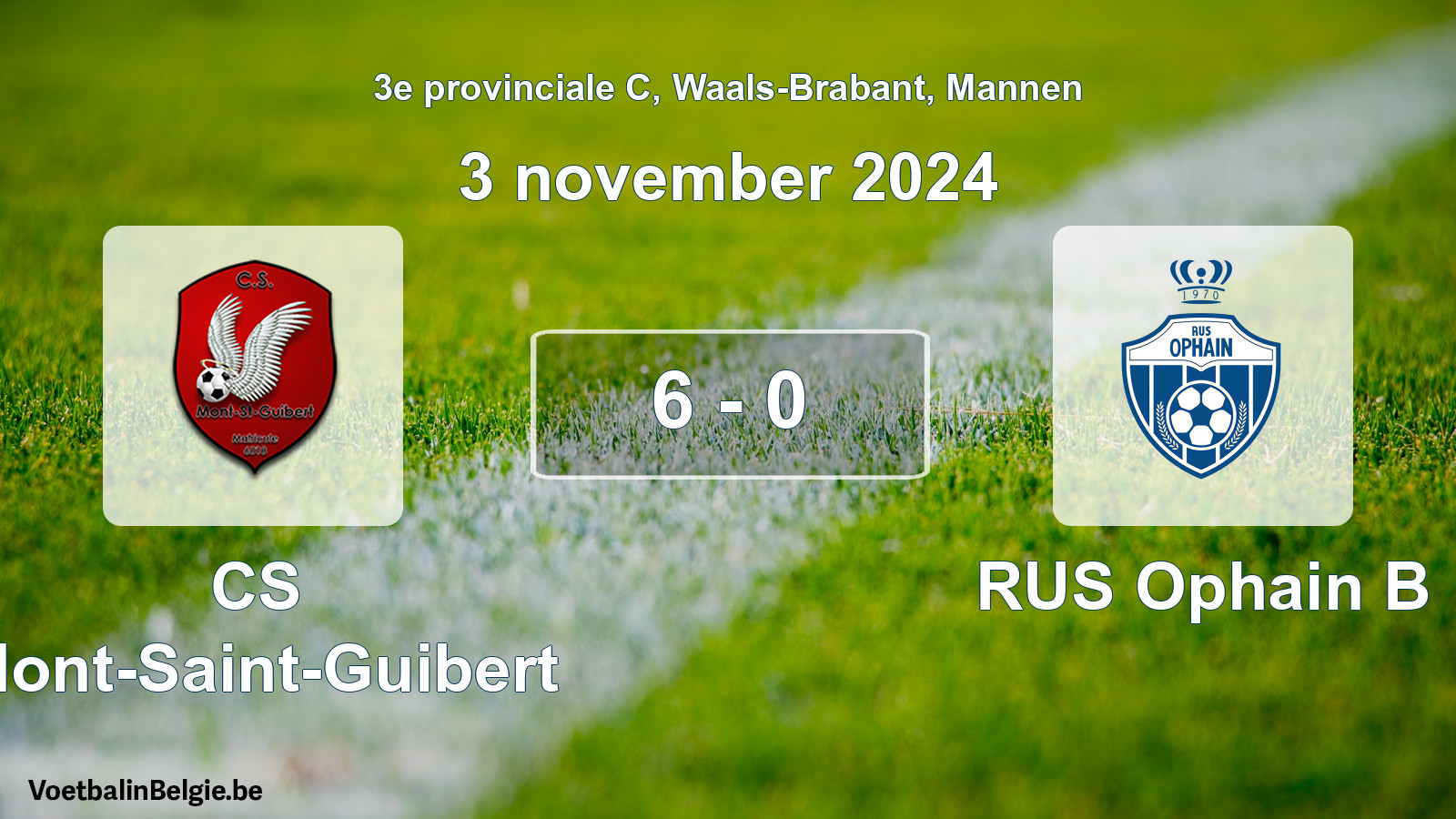 Gespeelde wedstrijd mannenvoetbal: CS Mont-Saint-Guibert - RUS Ophain B 6 - 0 (3 november 2024)