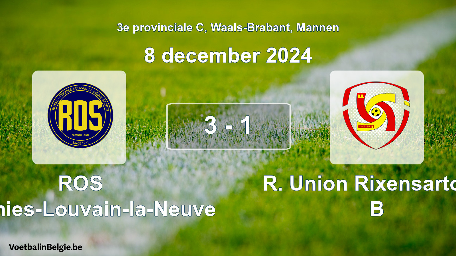 Gespeelde wedstrijd mannenvoetbal: ROS Ottignies-Louvain-la-Neuve - R. Union Rixensartoise B 3 - 1 (8 december 2024)