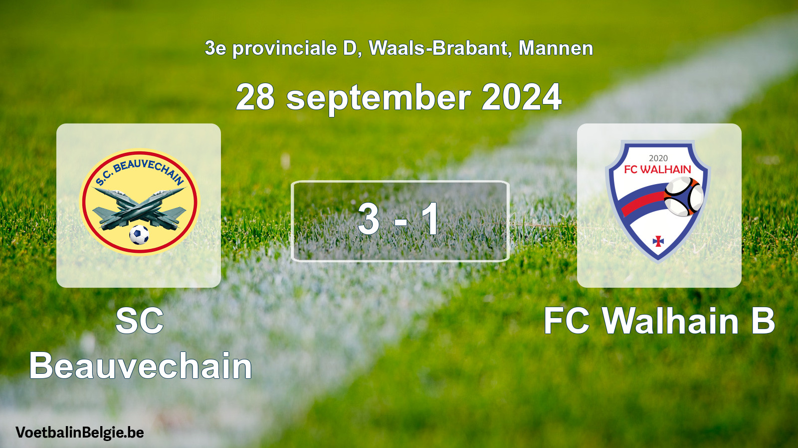Gespeelde wedstrijd mannenvoetbal: SC Beauvechain - FC Walhain B 3 - 1 (28 september 2024)