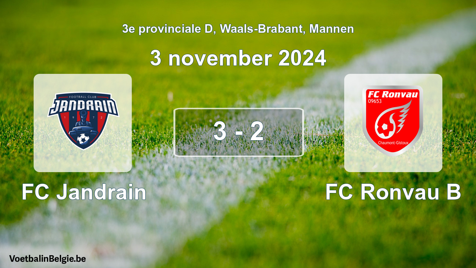 Gespeelde wedstrijd mannenvoetbal: FC Jandrain - FC Ronvau B 3 - 2 (3 november 2024)