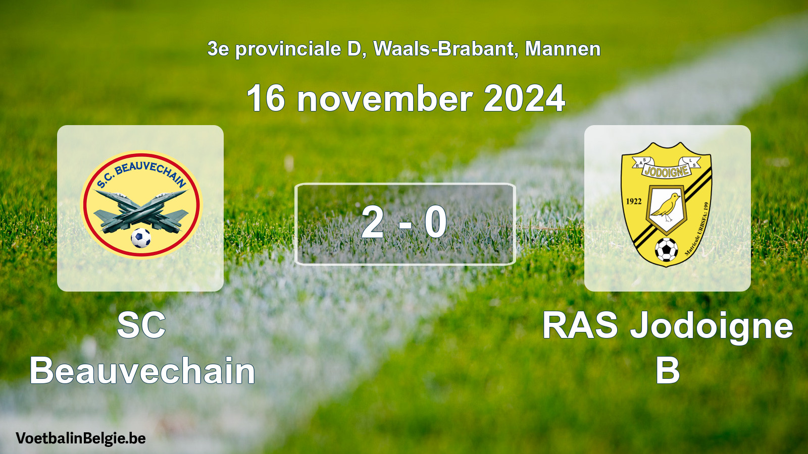 Gespeelde wedstrijd mannenvoetbal: SC Beauvechain - RAS Jodoigne B 2 - 0 (16 november 2024)