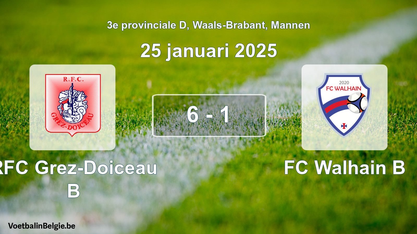 Gespeelde wedstrijd mannenvoetbal: RFC Grez-Doiceau B - FC Walhain B 6 - 1 (25 januari 2025)