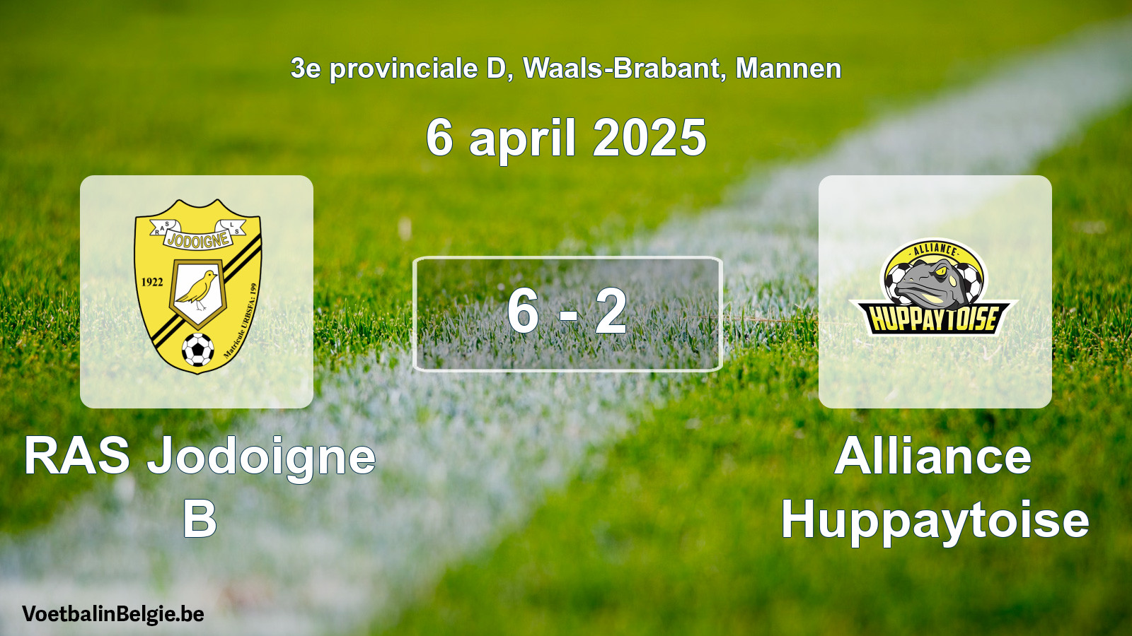 Gespeelde wedstrijd mannenvoetbal: RAS Jodoigne B - Alliance Huppaytoise 6 - 2 (6 april 2025)