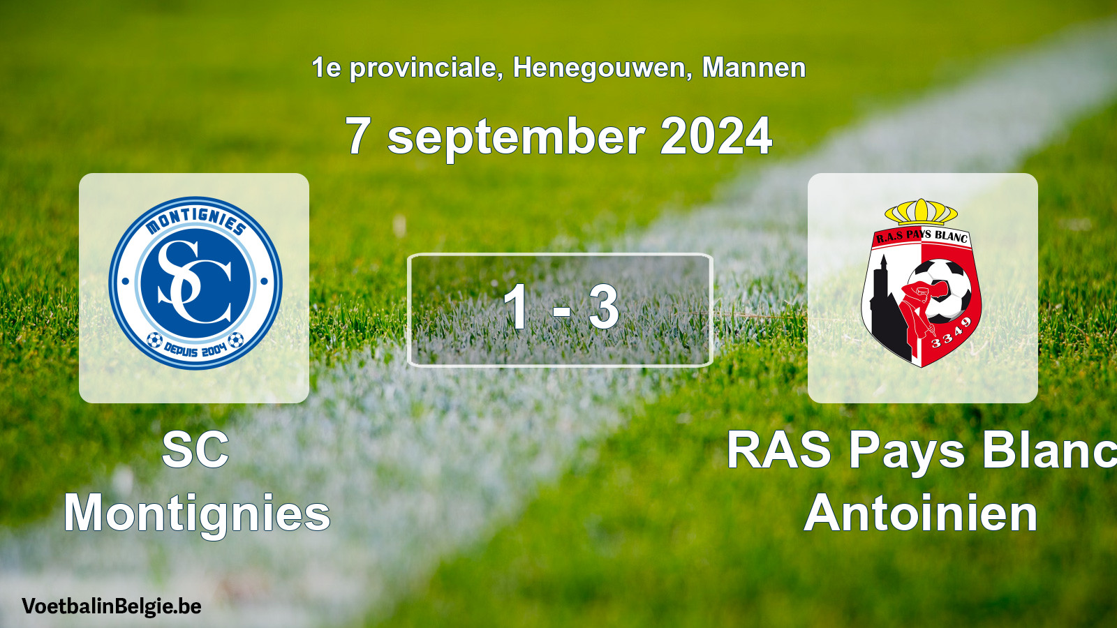 Gespeelde wedstrijd mannenvoetbal: SC Montignies - RAS Pays Blanc Antoinien 1 - 3 (7 september 2024)