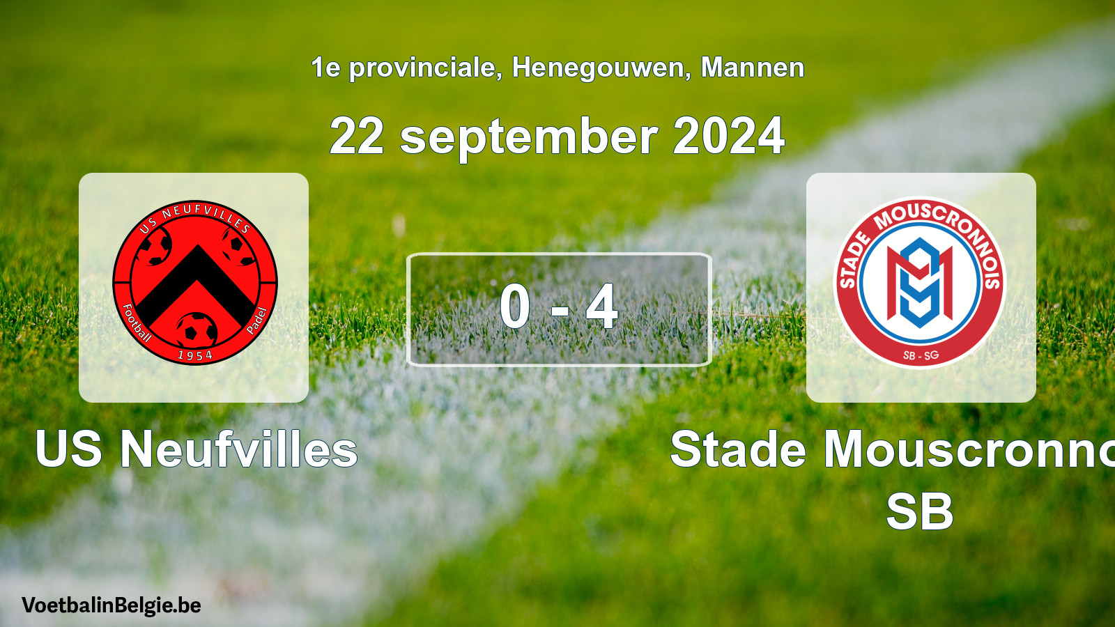 Gespeelde wedstrijd mannenvoetbal: US Neufvilles - Stade Mouscronnois SB 0 - 4 (22 september 2024)