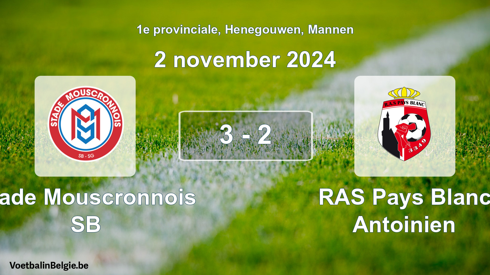 Gespeelde wedstrijd mannenvoetbal: Stade Mouscronnois SB - RAS Pays Blanc Antoinien 3 - 2 (2 november 2024)