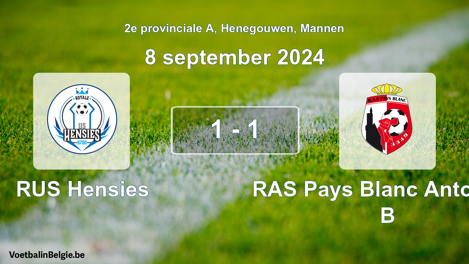Gespeelde wedstrijd mannenvoetbal: RUS Hensies - RAS Pays Blanc Antoinien B 1 - 1 (8 september 2024)