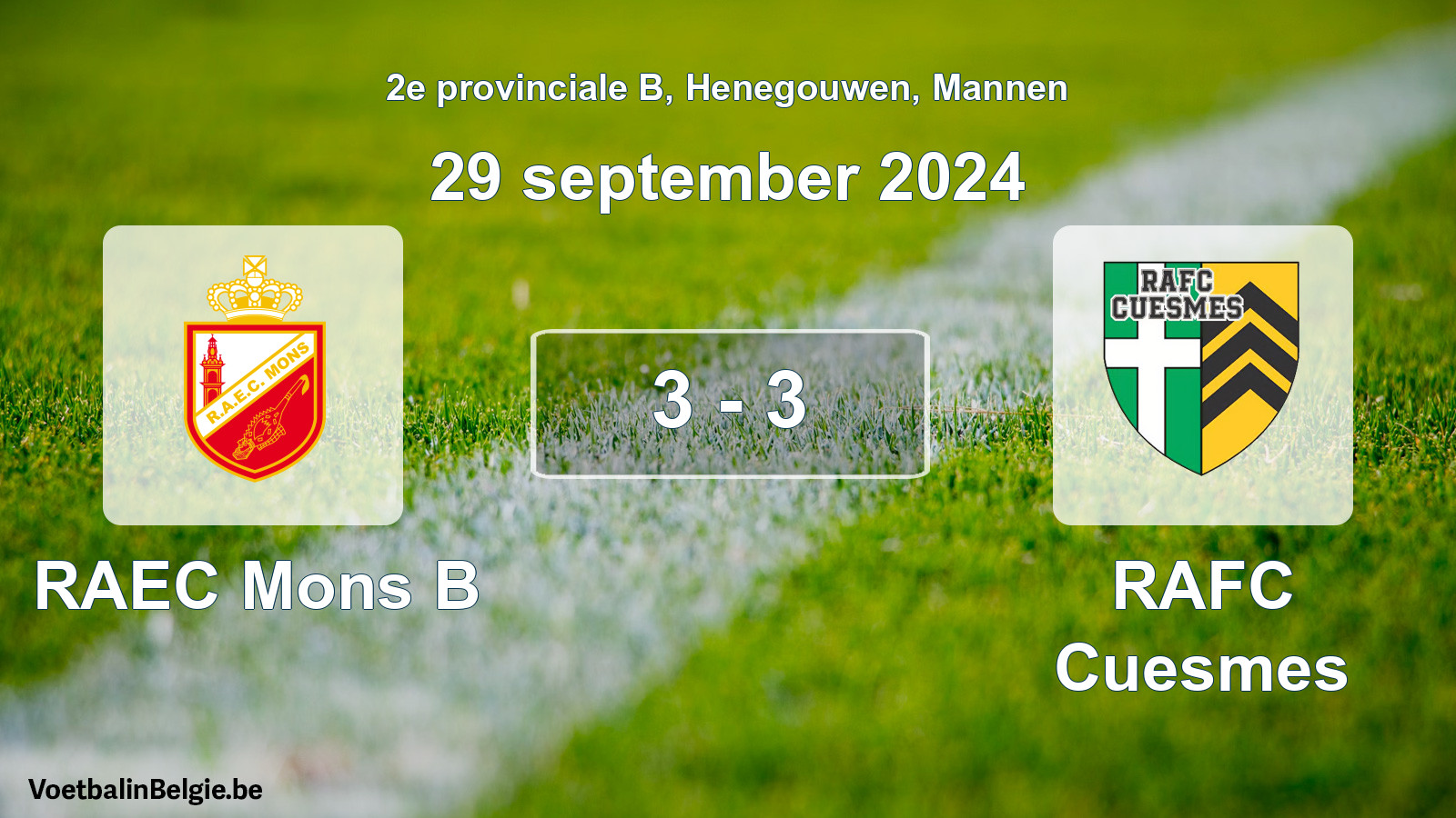 Gespeelde wedstrijd mannenvoetbal: RAEC Mons B - RAFC Cuesmes 3 - 3 (29 september 2024)