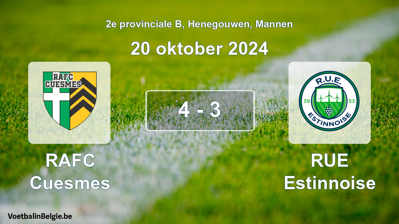 Gespeelde wedstrijd mannenvoetbal: RAFC Cuesmes - RUE Estinnoise 4 - 3 (20 oktober 2024)