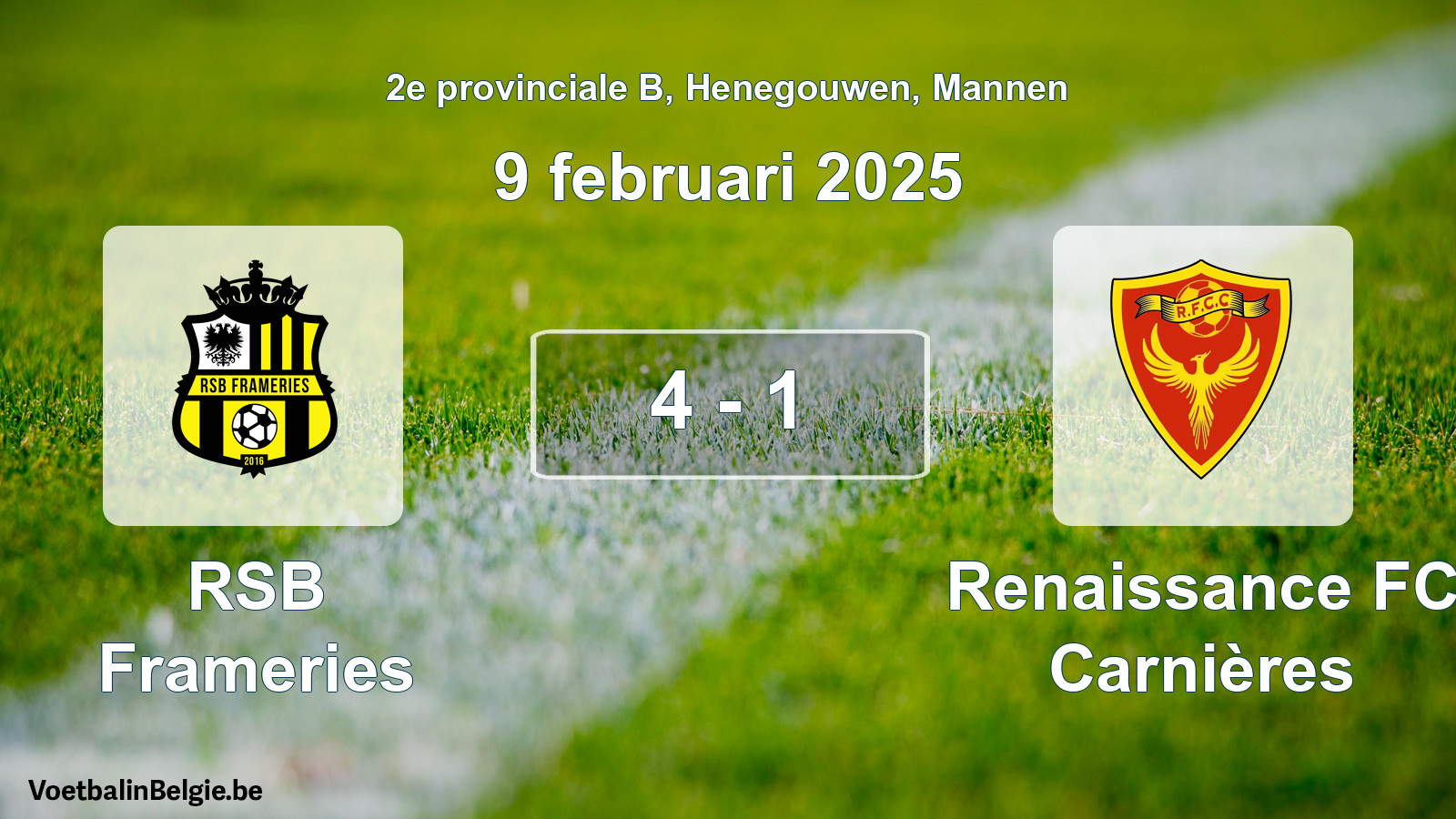 Gespeelde wedstrijd mannenvoetbal: RSB Frameries - Renaissance FC Carnières 4 - 1 (9 februari 2025)