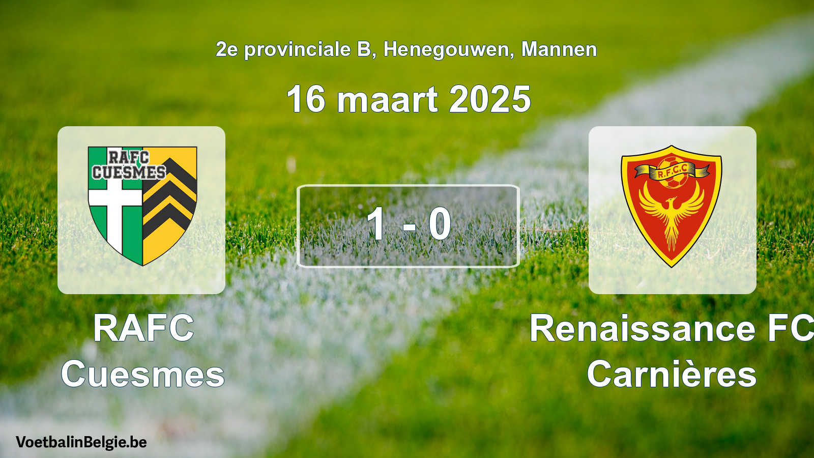 Gespeelde wedstrijd mannenvoetbal: RAFC Cuesmes - Renaissance FC Carnières 1 - 0 (16 maart 2025)