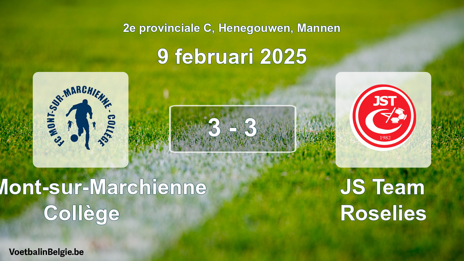 Gespeelde wedstrijd mannenvoetbal: FC Mont-sur-Marchienne Collège - JS Team Roselies 3 - 3 (9 februari 2025)