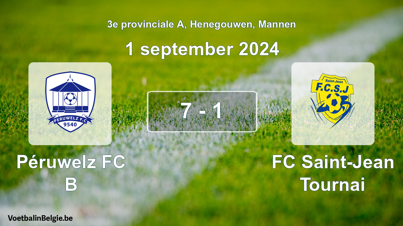 Gespeelde wedstrijd mannenvoetbal: Péruwelz FC B - FC Saint-Jean Tournai 7 - 1 (1 september 2024)