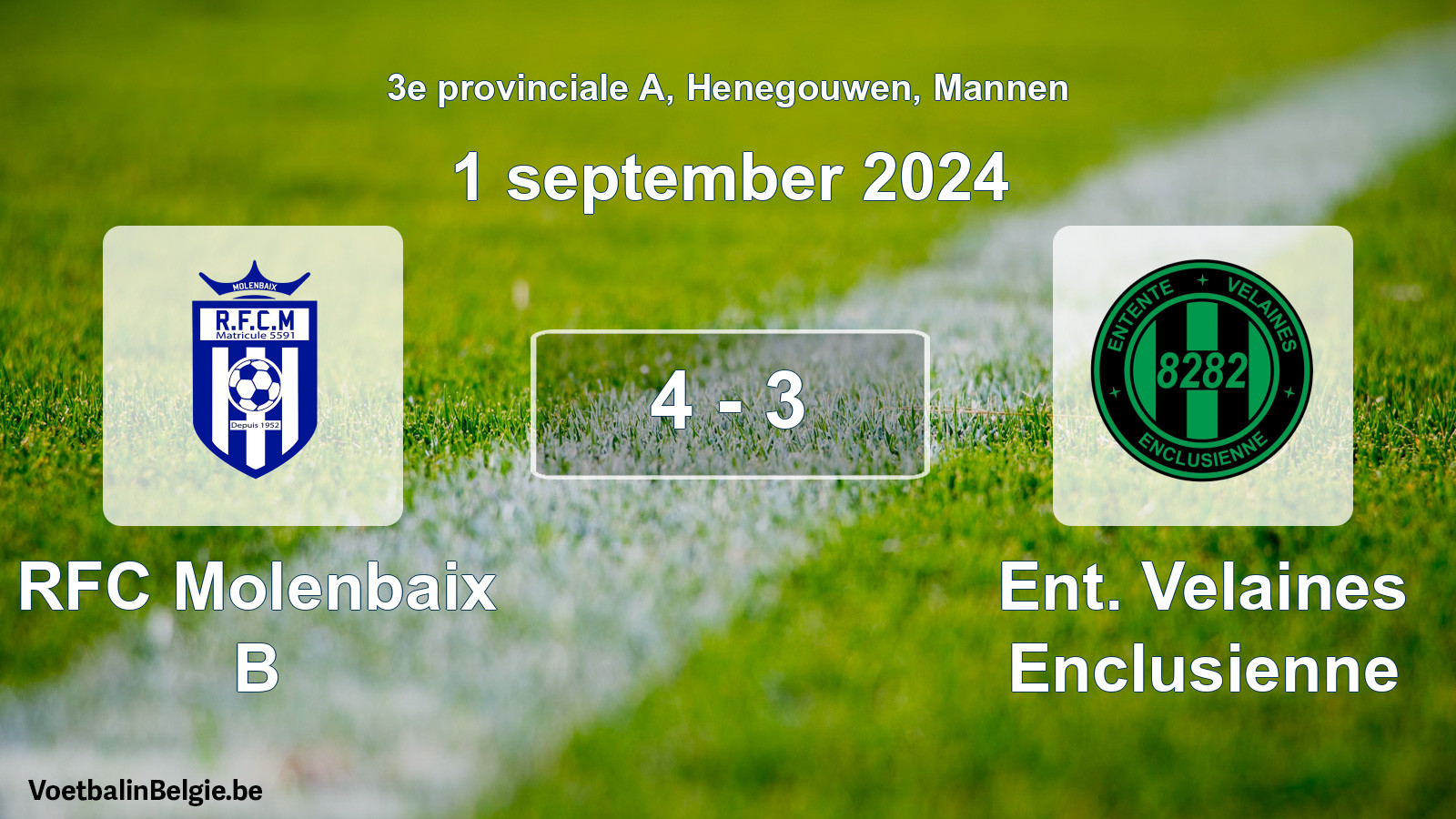 Match joué football hommes: RFC Molenbaix B - Ent. Velaines Enclusienne 4 - 3 (1 septembre 2024)