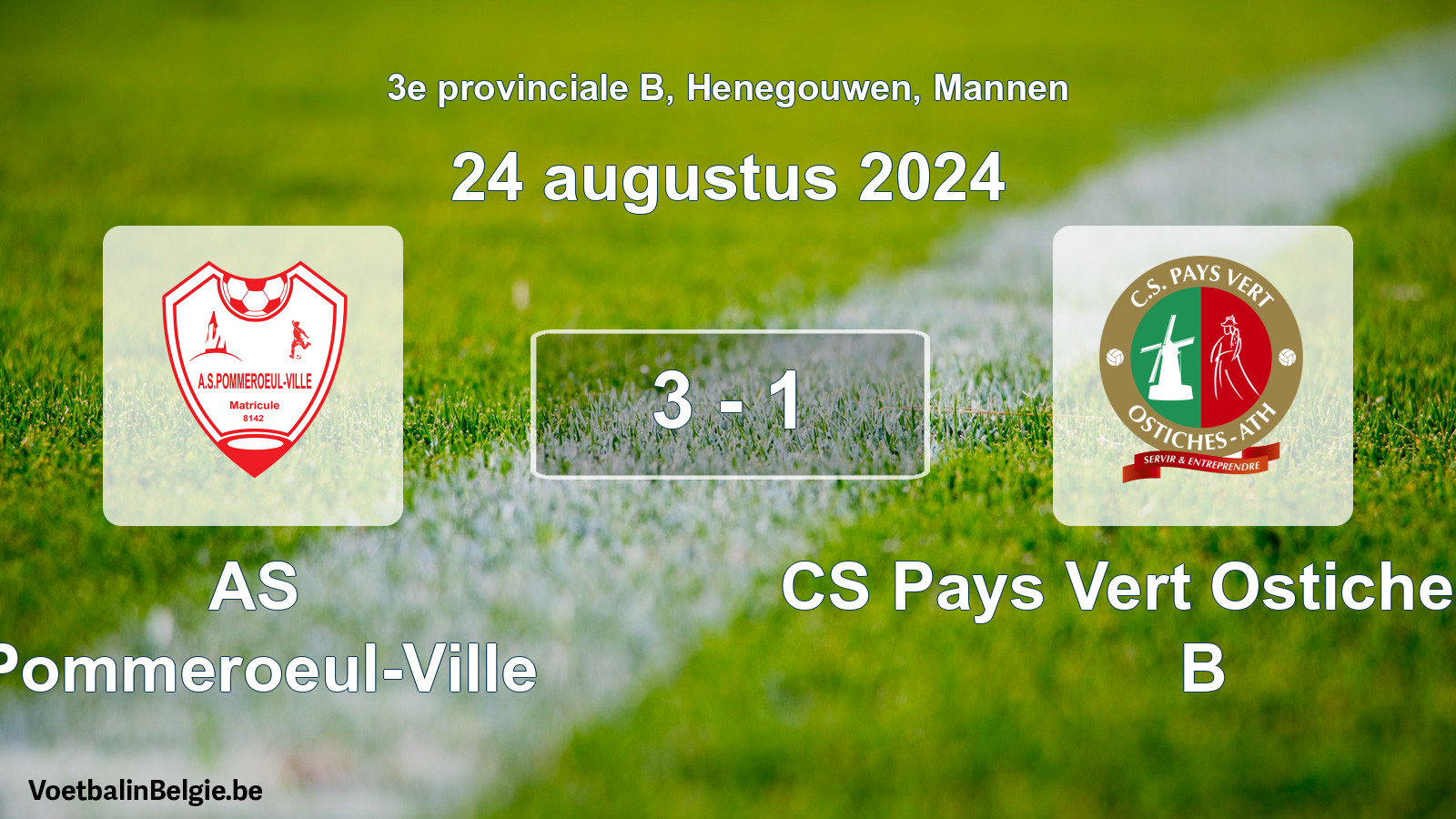 Gespeelde wedstrijd mannenvoetbal: AS Pommeroeul-Ville - CS Pays Vert Ostiches-Ath B 3 - 1 (24 augustus 2024)