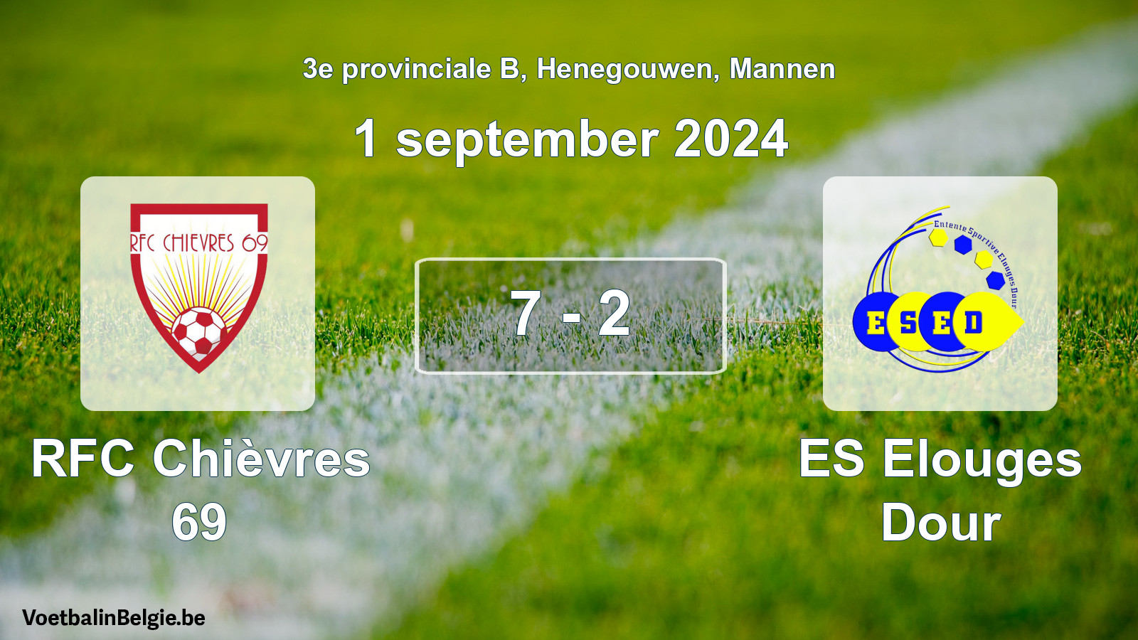 Gespeelde wedstrijd mannenvoetbal: RFC Chièvres 69 - ES Elouges Dour 7 - 2 (1 september 2024)