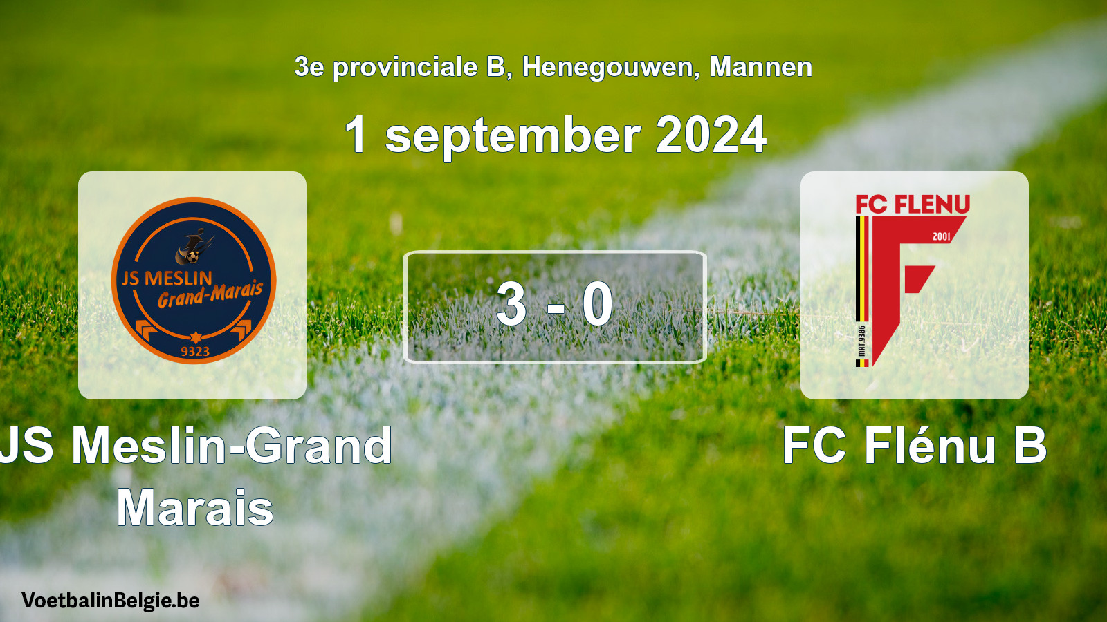 Gespeelde wedstrijd mannenvoetbal: JS Meslin-Grand Marais - FC Flénu B 3 - 0 (1 september 2024)