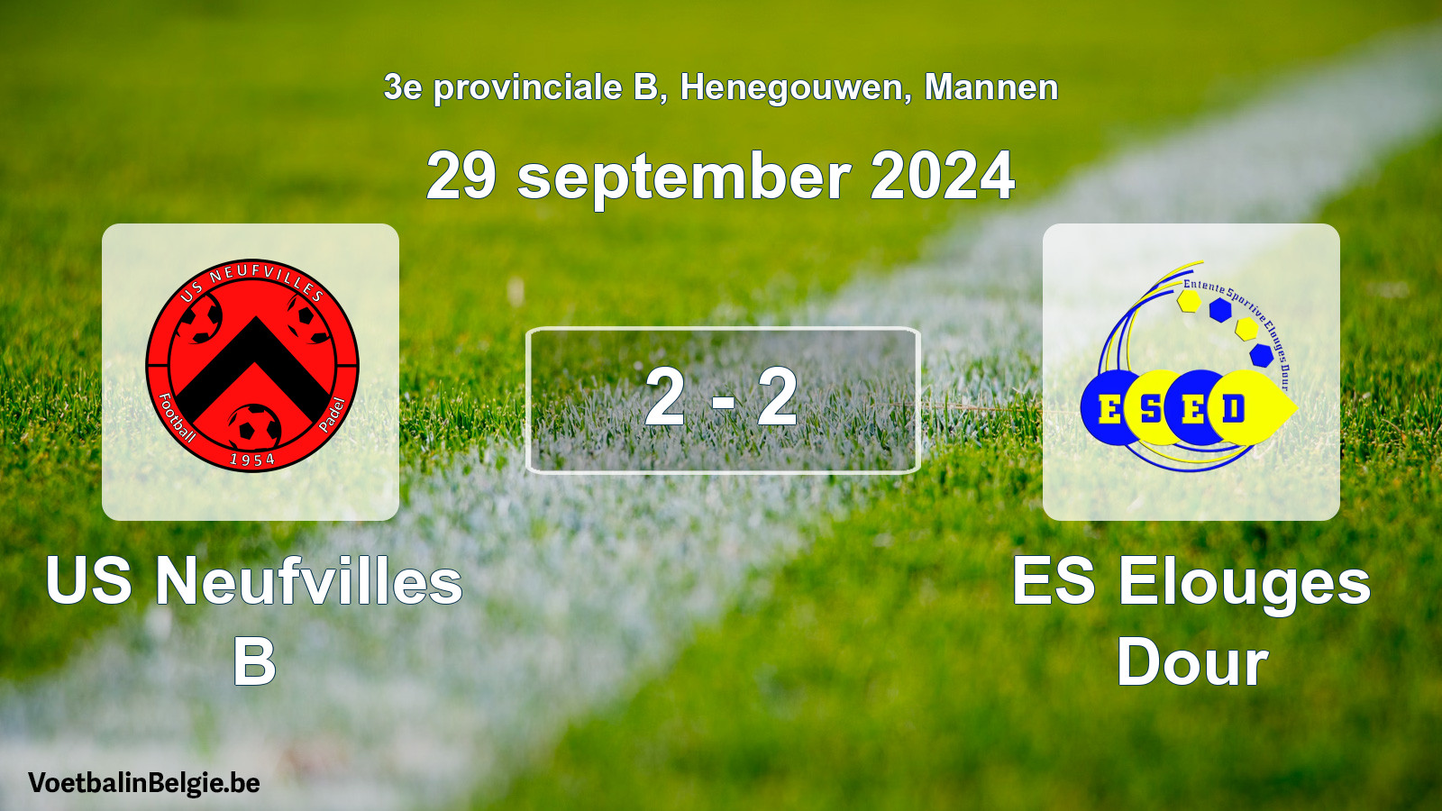 Gespeelde wedstrijd mannenvoetbal: US Neufvilles B - ES Elouges Dour 2 - 2 (29 september 2024)