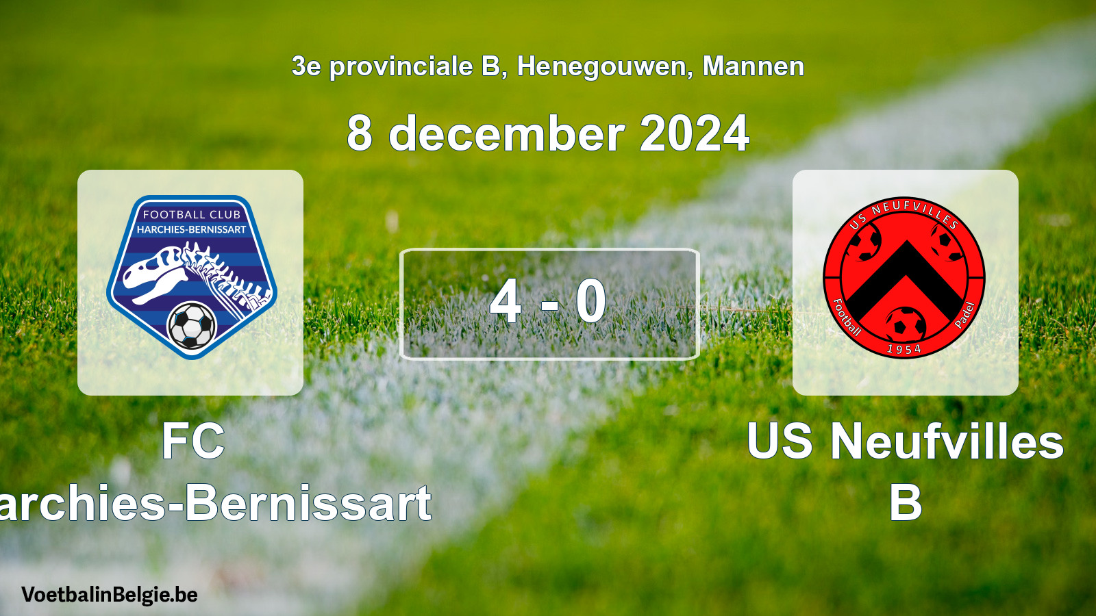 Gespeelde wedstrijd mannenvoetbal: FC Harchies-Bernissart - US Neufvilles B 4 - 0 (8 december 2024)