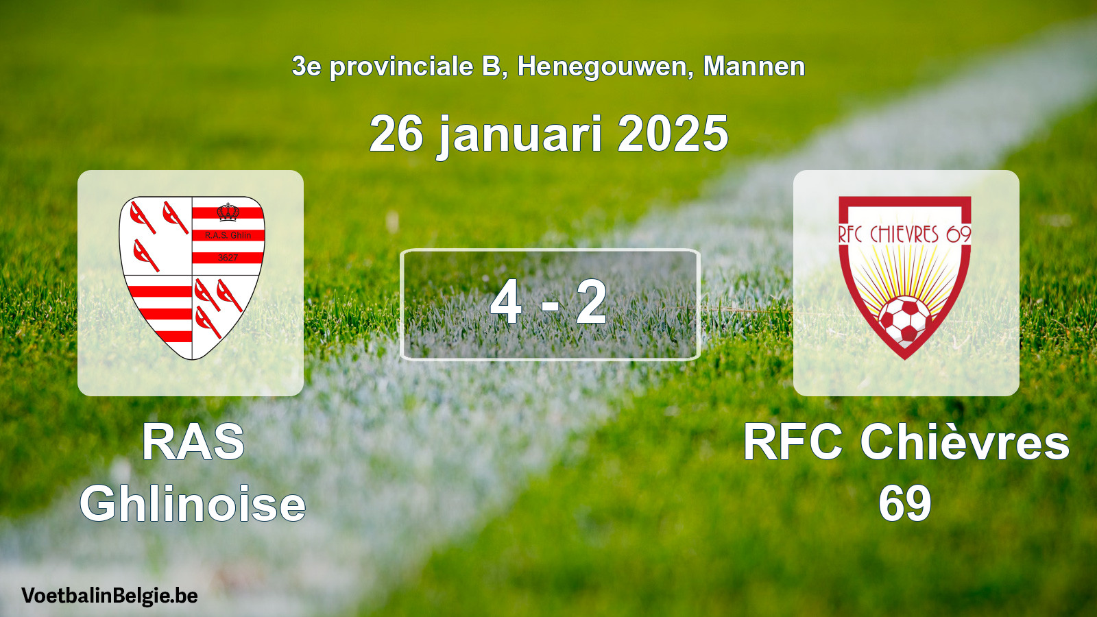 Gespeelde wedstrijd mannenvoetbal: RAS Ghlinoise - RFC Chièvres 69 4 - 2 (26 januari 2025)