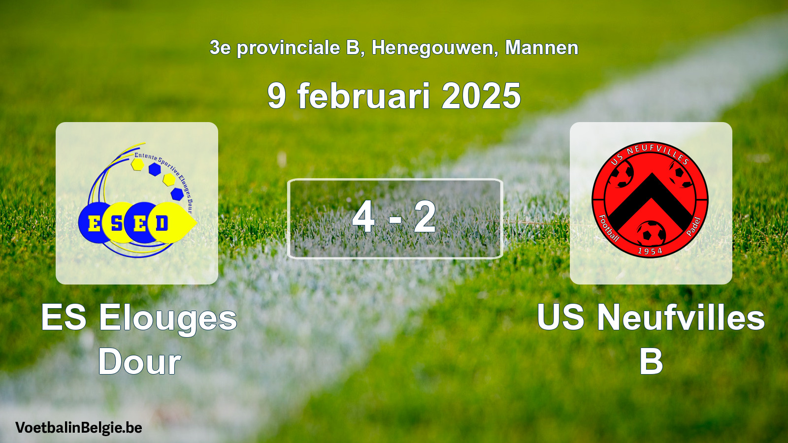 Gespeelde wedstrijd mannenvoetbal: ES Elouges Dour - US Neufvilles B 4 - 2 (9 februari 2025)