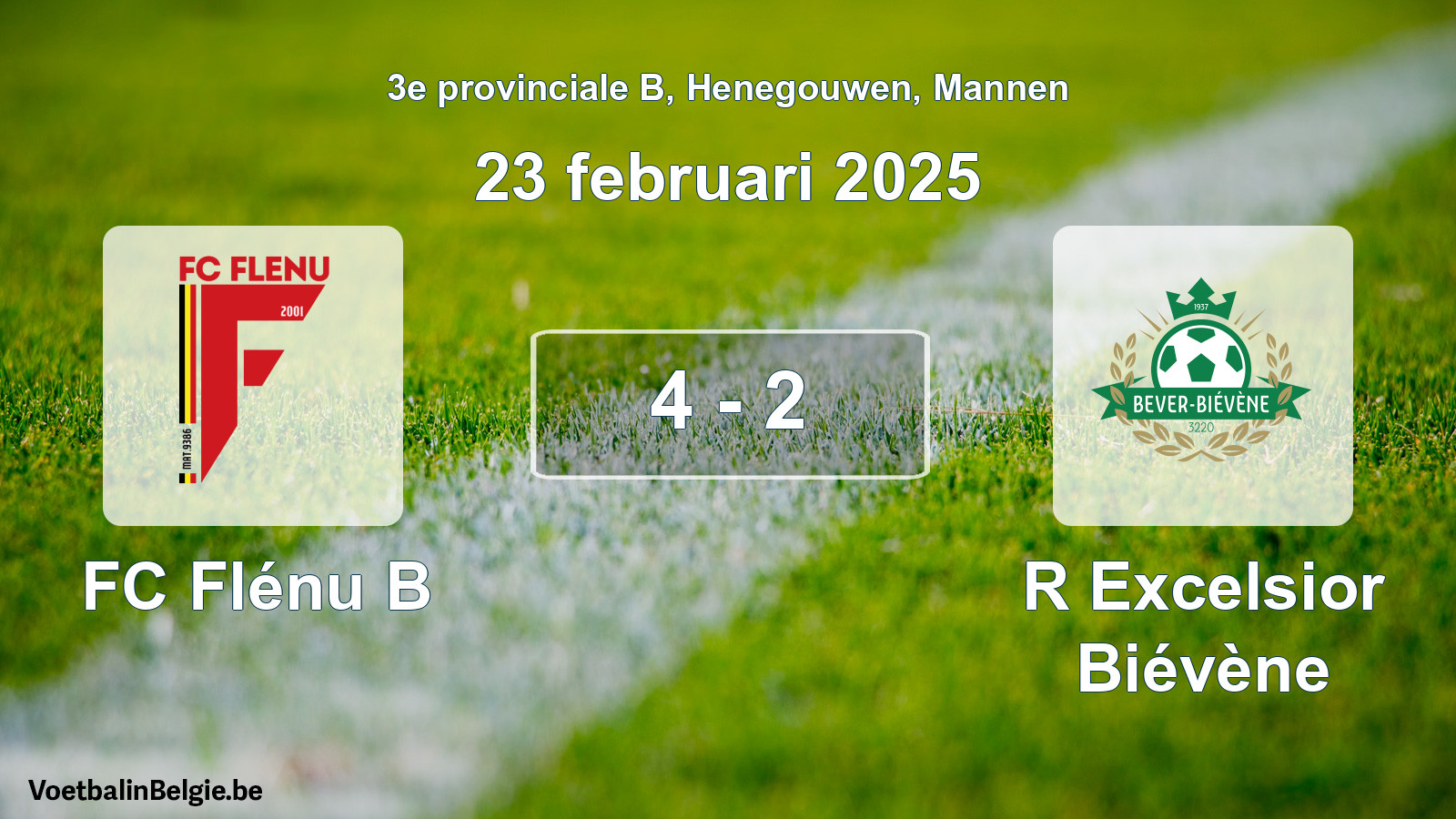 Gespeelde wedstrijd mannenvoetbal: FC Flénu B - R Excelsior Biévène 4 - 2 (23 februari 2025)