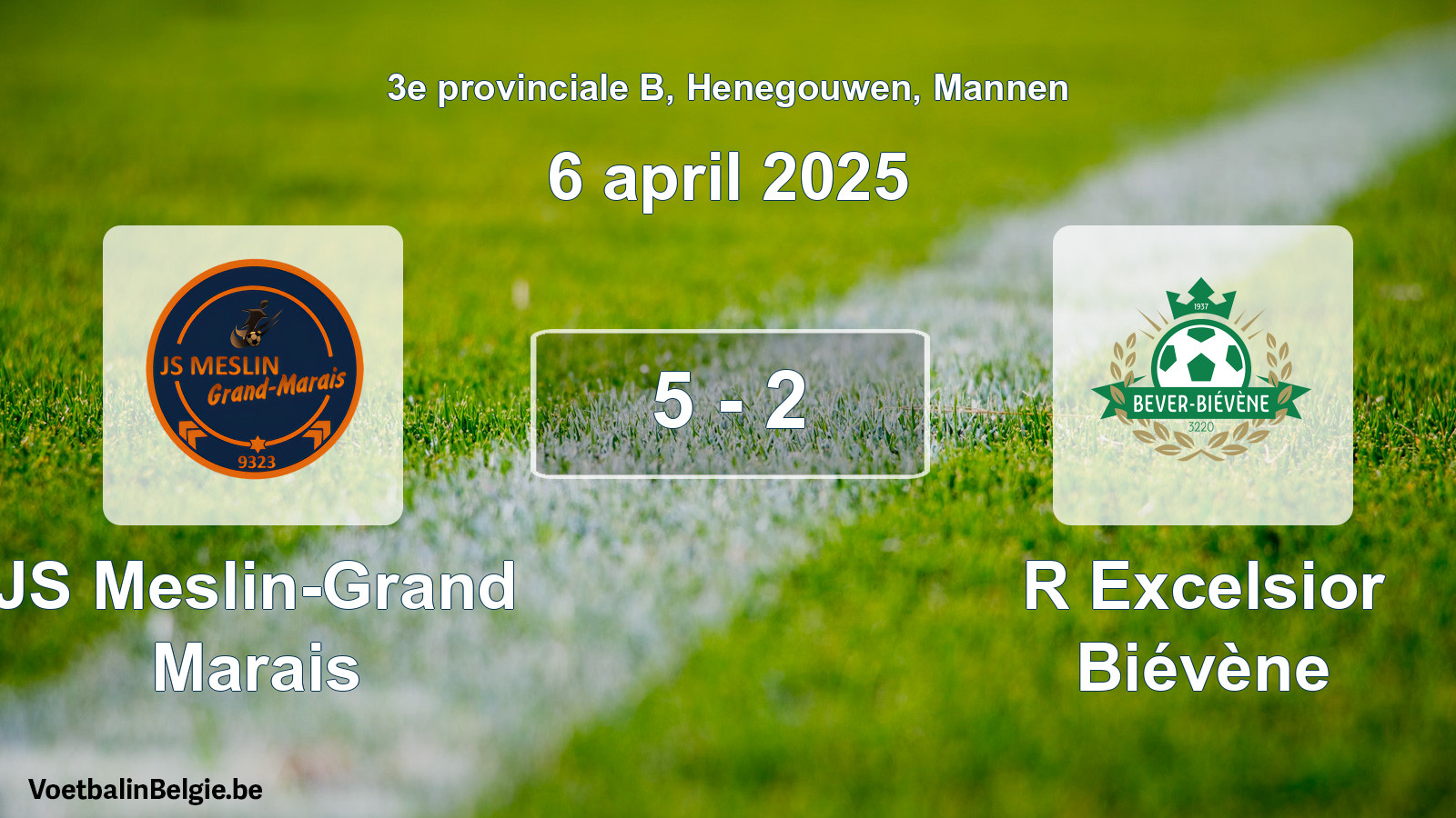 Gespeelde wedstrijd mannenvoetbal: JS Meslin-Grand Marais - R Excelsior Biévène 5 - 2 (6 april 2025)