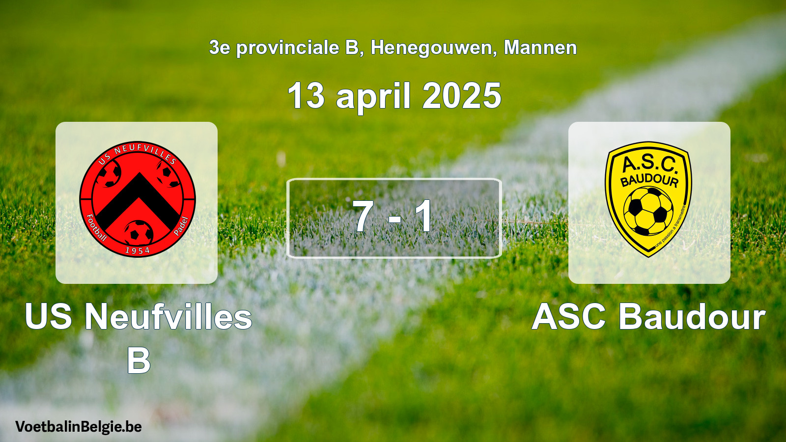 Gespeelde wedstrijd mannenvoetbal: US Neufvilles B - ASC Baudour 7 - 1 (13 april 2025)