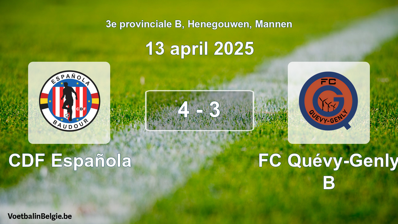 Gespeelde wedstrijd mannenvoetbal: CDF Española - FC Quévy-Genly B 4 - 3 (13 april 2025)