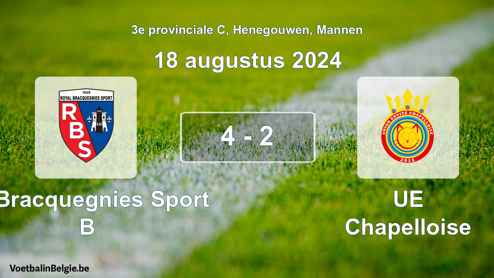 Gespeelde wedstrijd mannenvoetbal: R. Bracquegnies Sport B - UE Chapelloise 4 - 2 (18 augustus 2024)