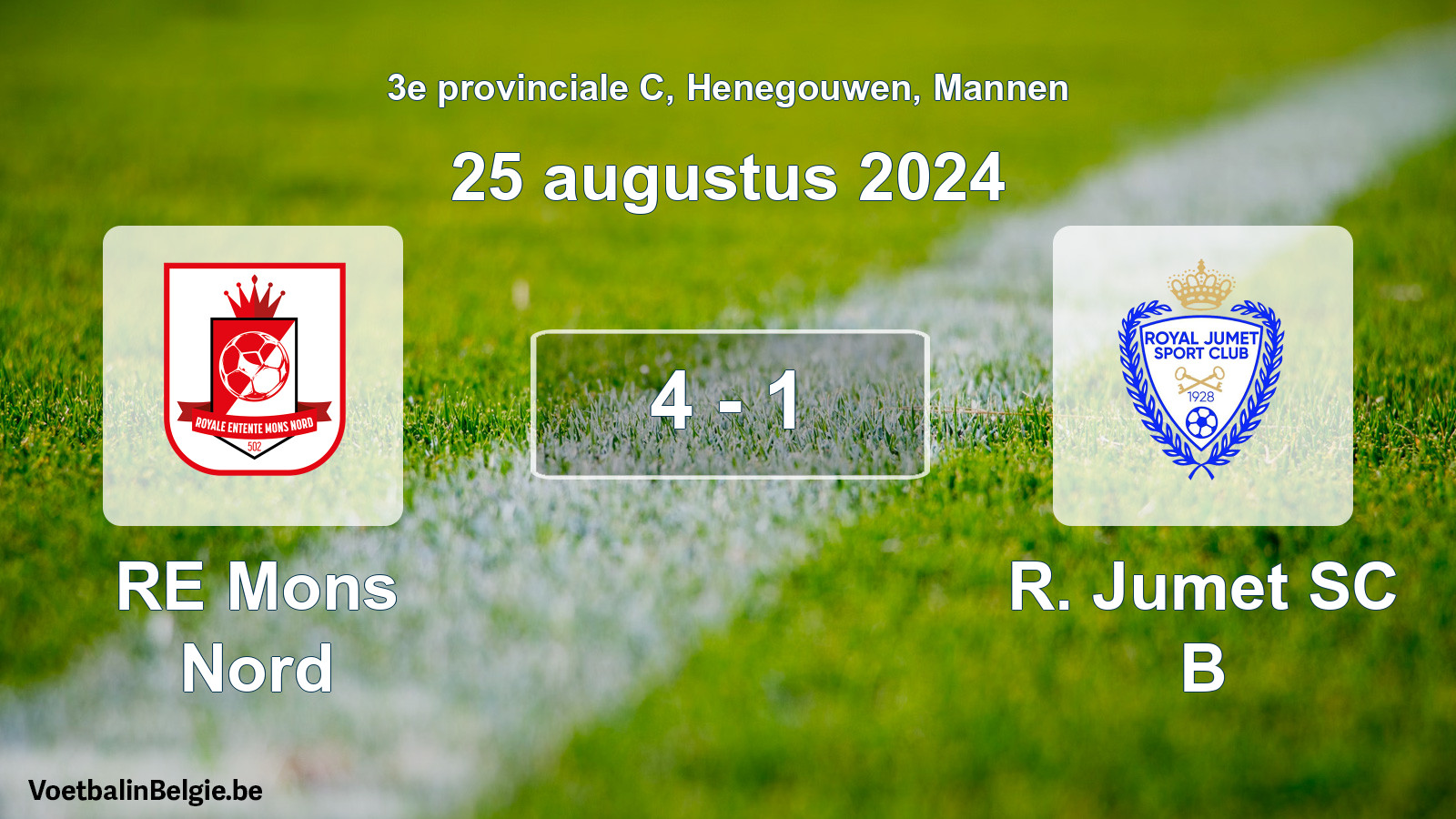 Gespeelde wedstrijd mannenvoetbal: RE Mons Nord - R. Jumet SC B 4 - 1 (25 augustus 2024)